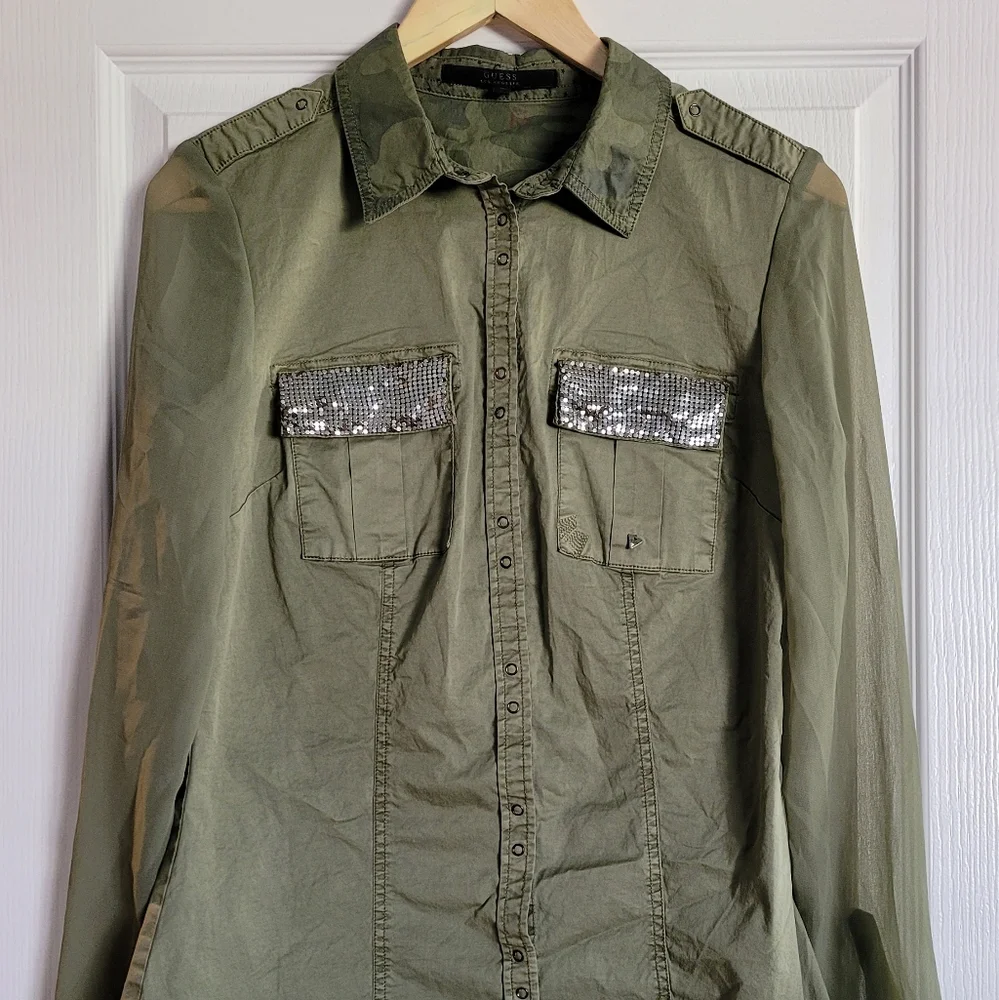 Guess camo mesh chiffon sleeves shirt - Picture 3 of 15
